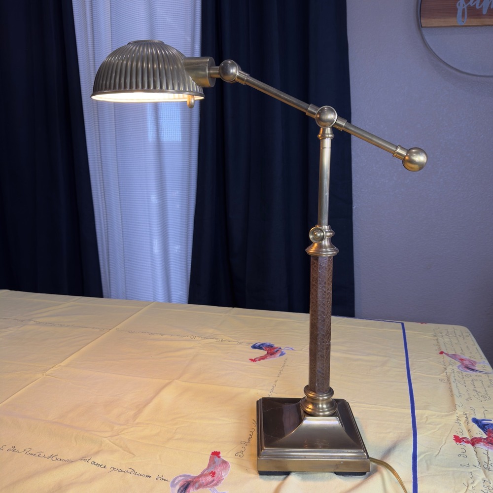 VTG Brass Ethan Allen Articulated Desk Lamp Faux Leather Stem Swing Arm Light